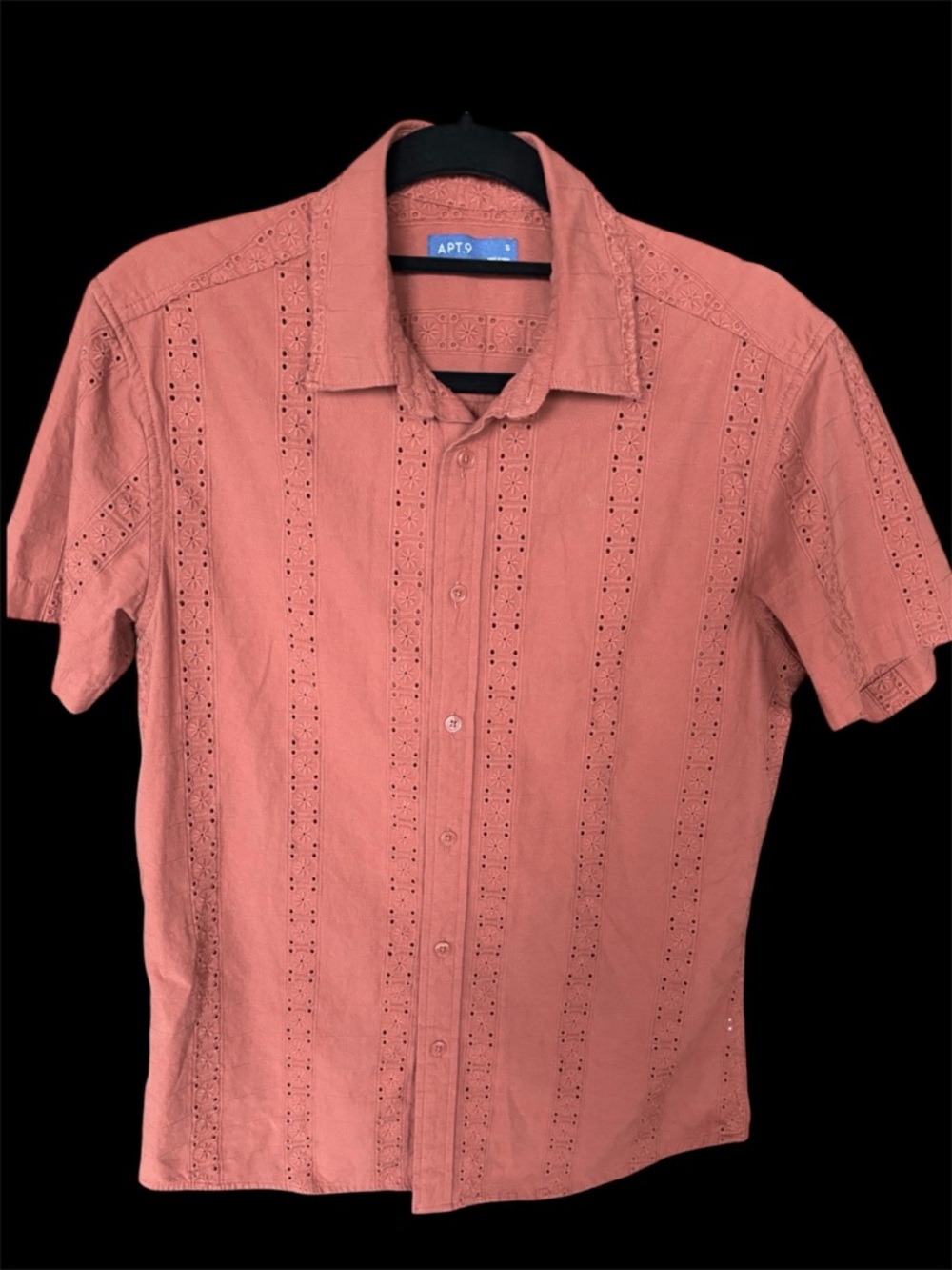 Men's short-sleeve, button-down shirt featuring embroidered vertical panels.
